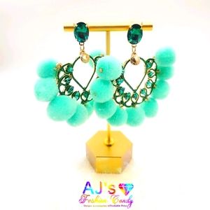 Turquoise Pom Pom Chandelier Earrings